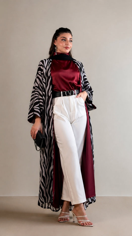 Zebra abaya — black and white zebra print open abaya